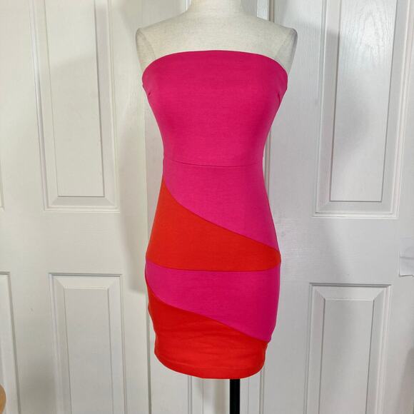 Colorblock strapless bodycon mini dress, ladies small pink orange clubwear - Picture 7 of 7